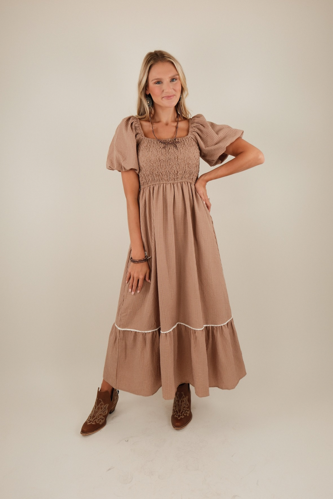 knee length dresses for ladies 70s White Embroidered Maxi Prairie Dress, Candi Jones of California
