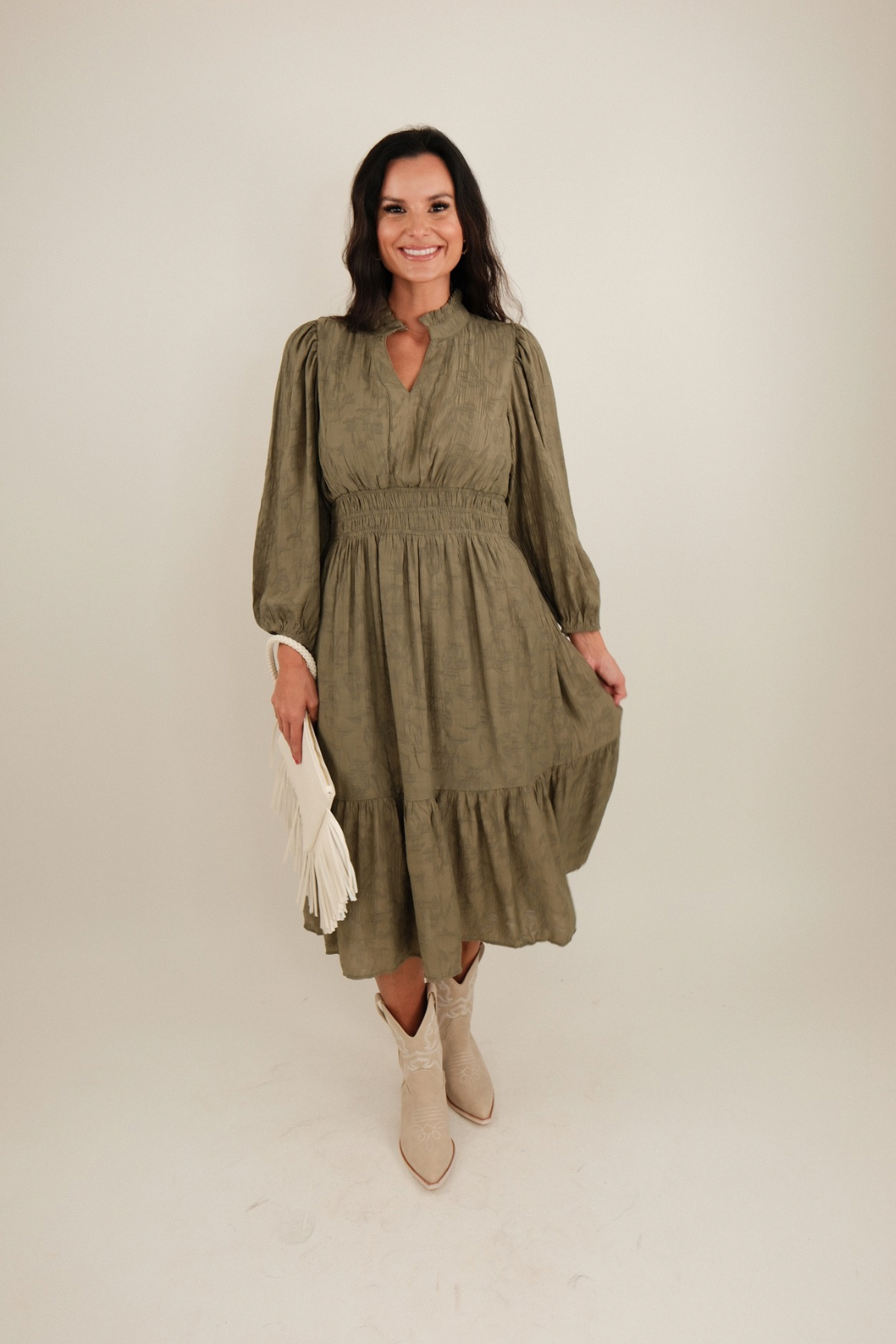Prairie Whisper Olive Midi Dress Small