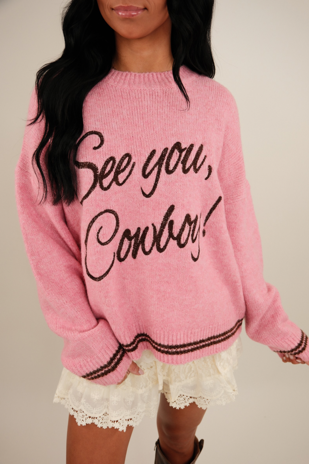 See You Cowboy Embroidered Sweater - Pink