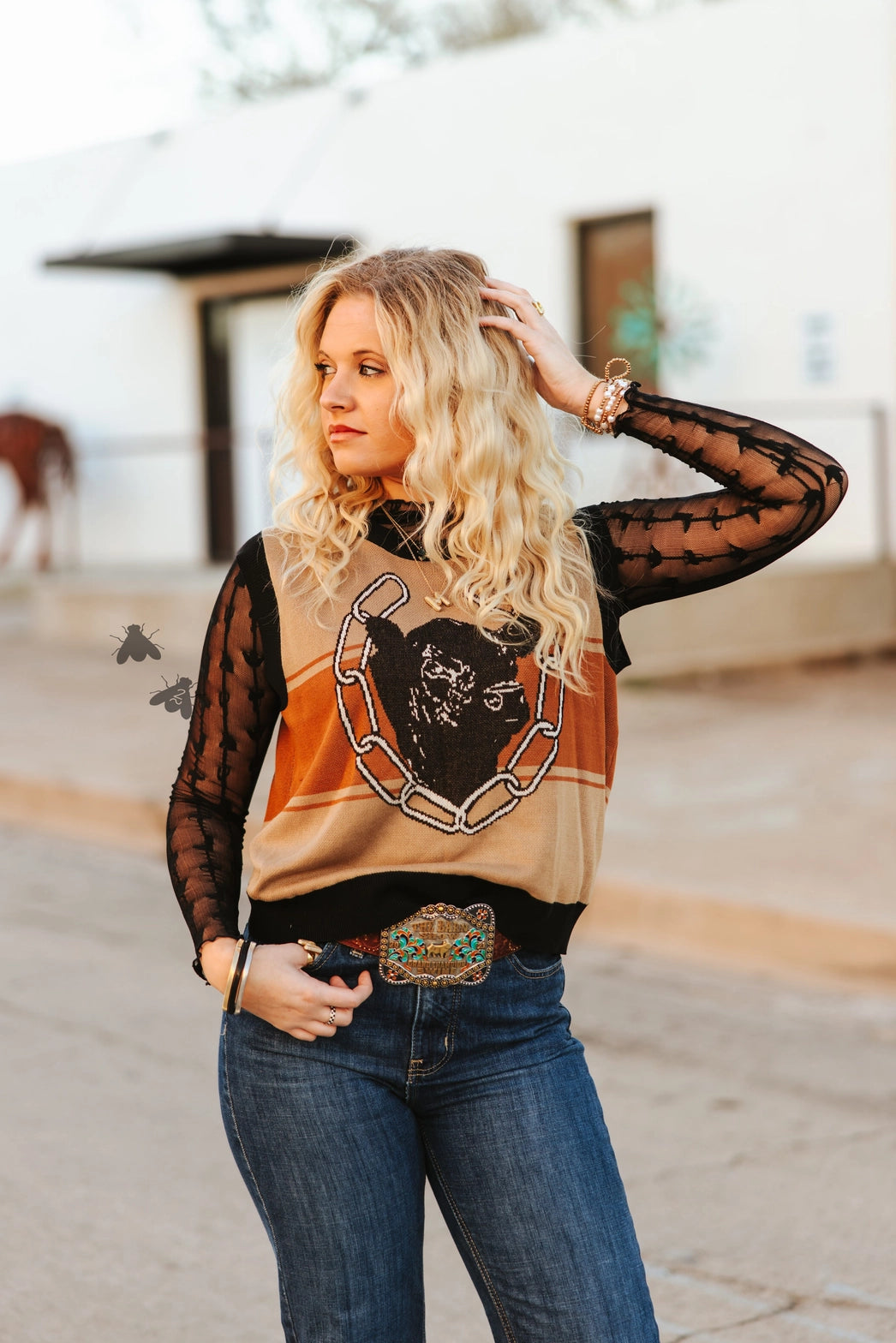 Lariat Lace Long Sleeve Mesh Top