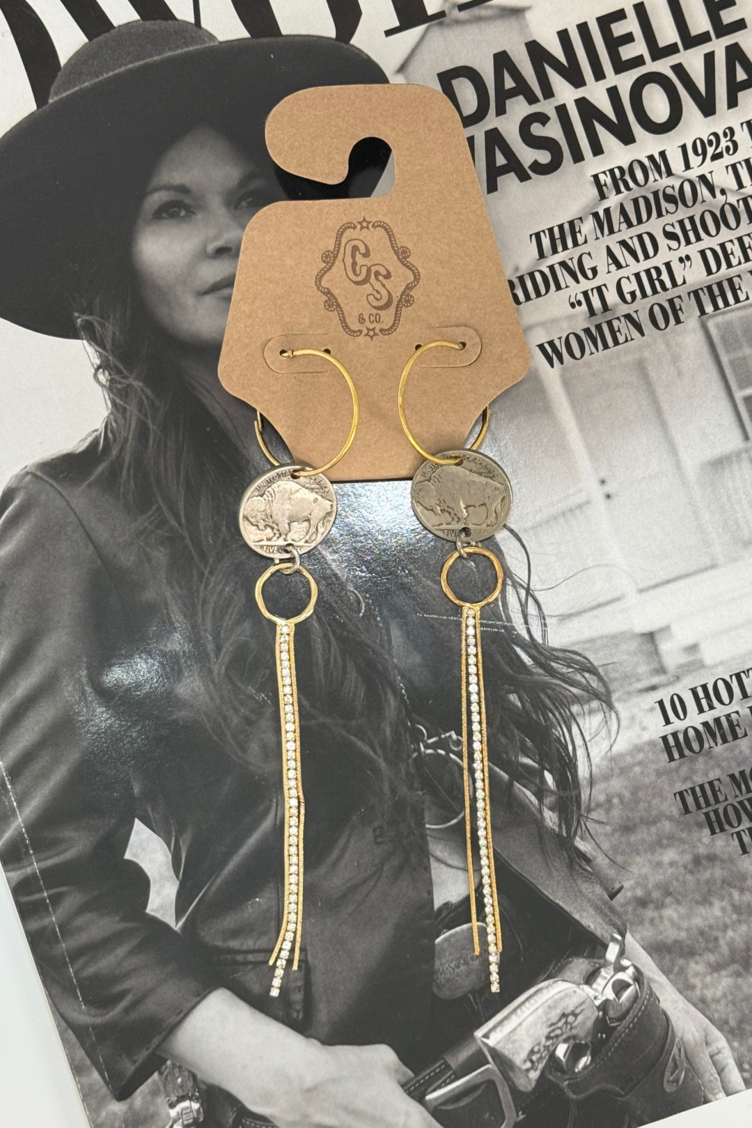 Buffalo Spirit Gold Hoop Earrings with Rhinestone Tassel Fringe