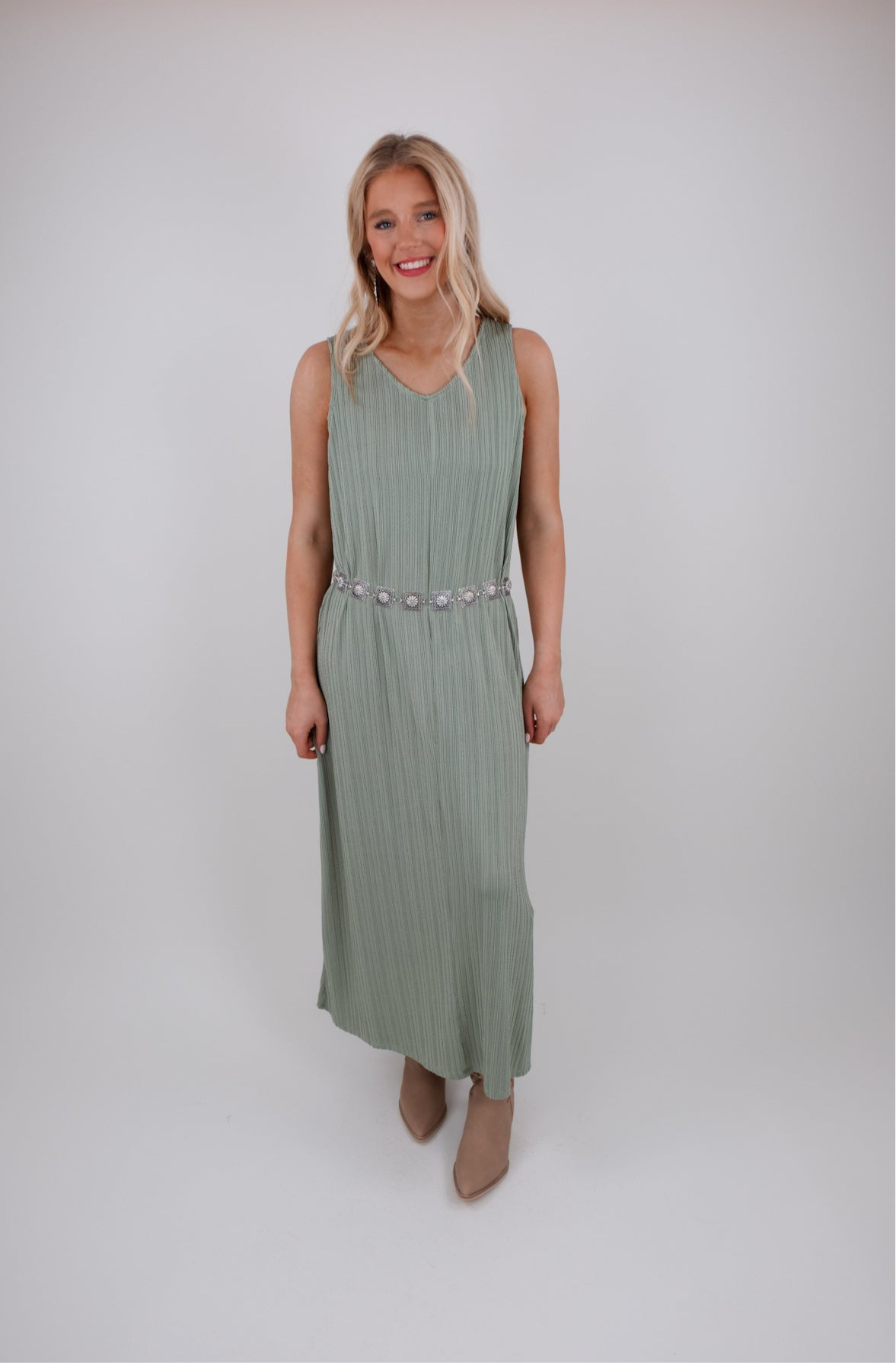 Ribbed Stitched Dress - Sage