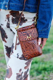 Shell Phone Crossbody in Cognac Tooled Leather