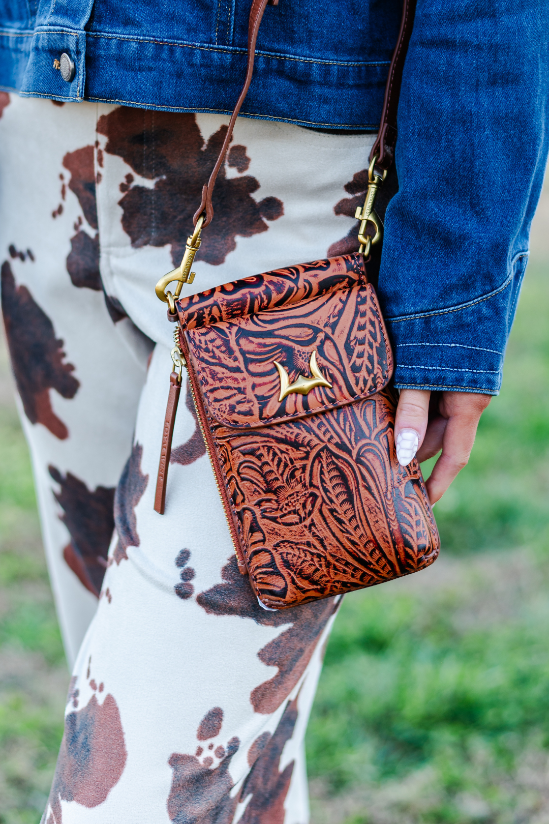 Shell Phone Crossbody in Cognac Tooled Leather