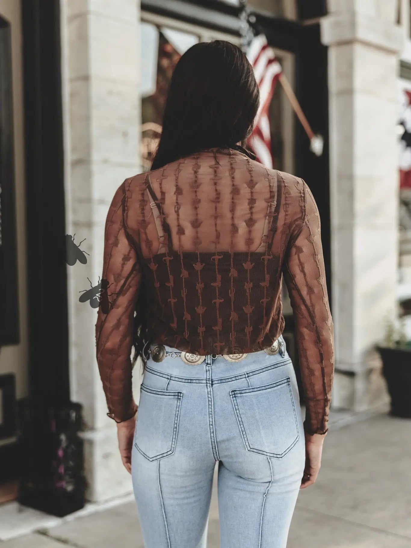 Lariat Lace Long Sleeve Mesh Top