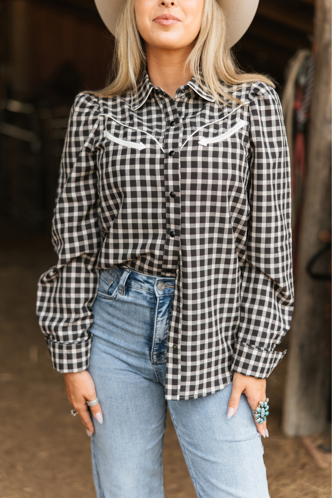Black Tie Gingham Pearl Snap