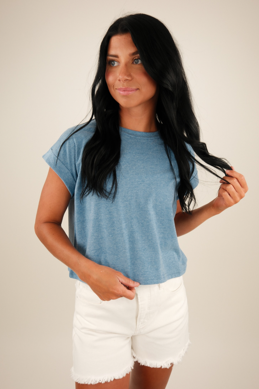 Simply Cropped Basic Tee – Heather Blue