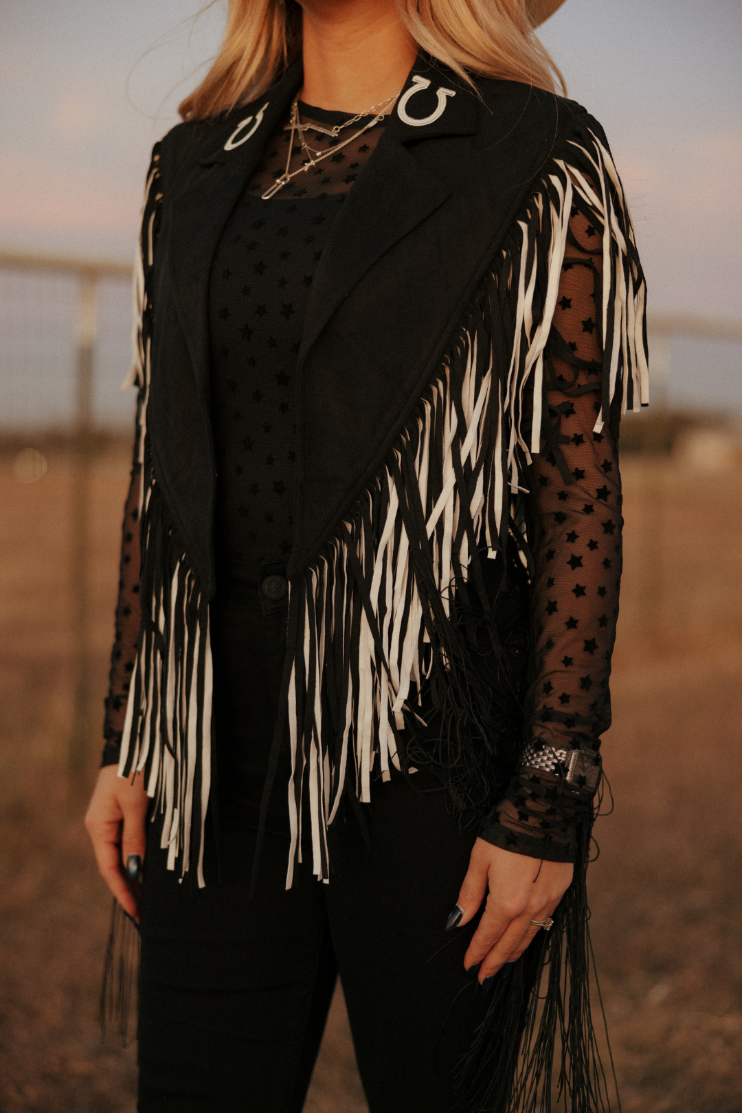 Midnight Fringe Star Mesh Top