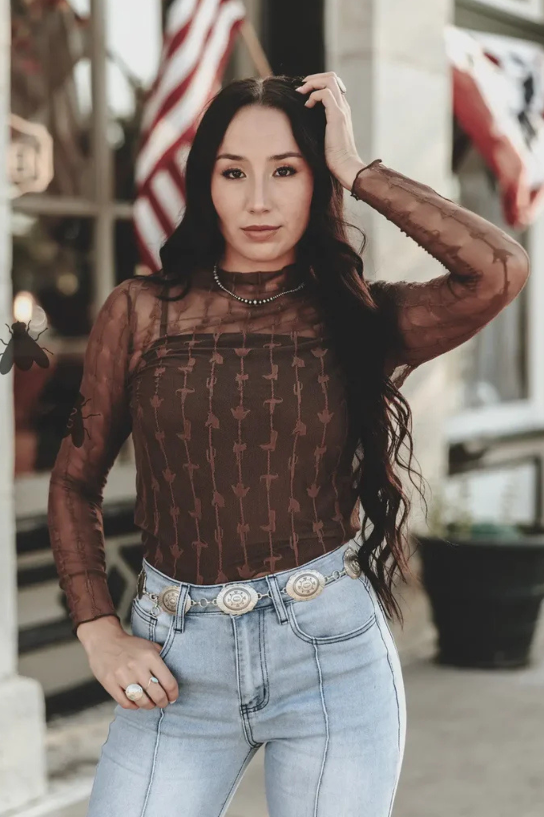 Lariat Lace Long Sleeve Mesh Top