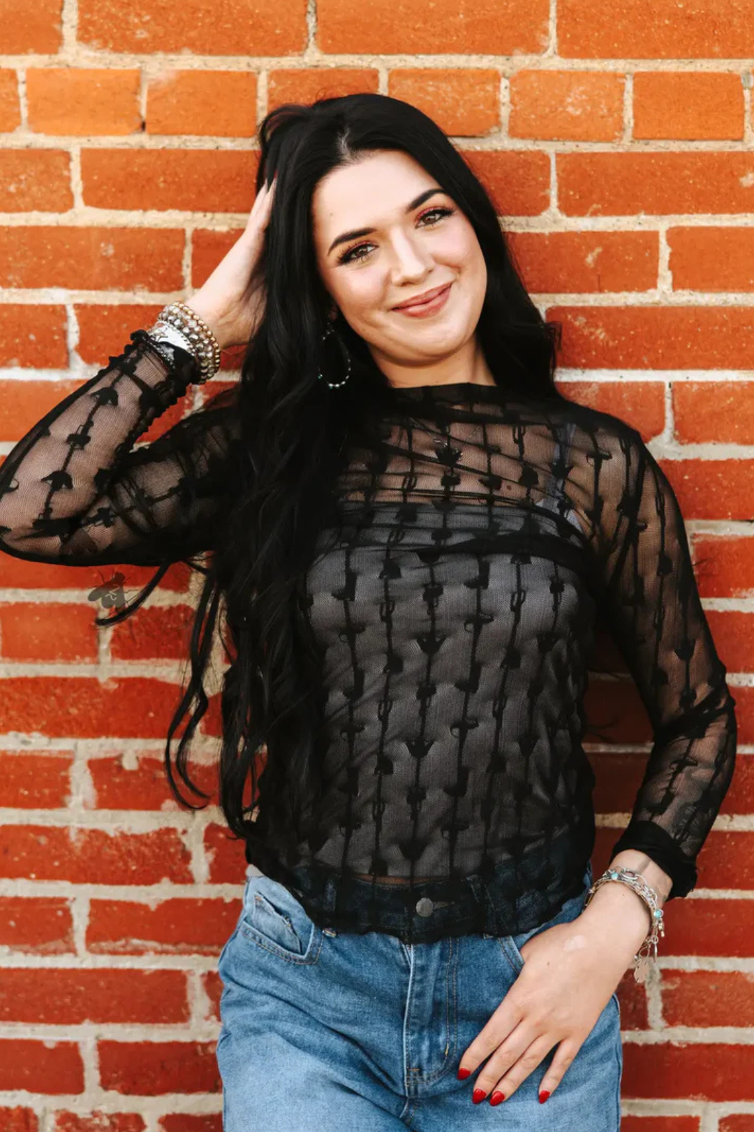 Lariat Lace Long Sleeve Mesh Top