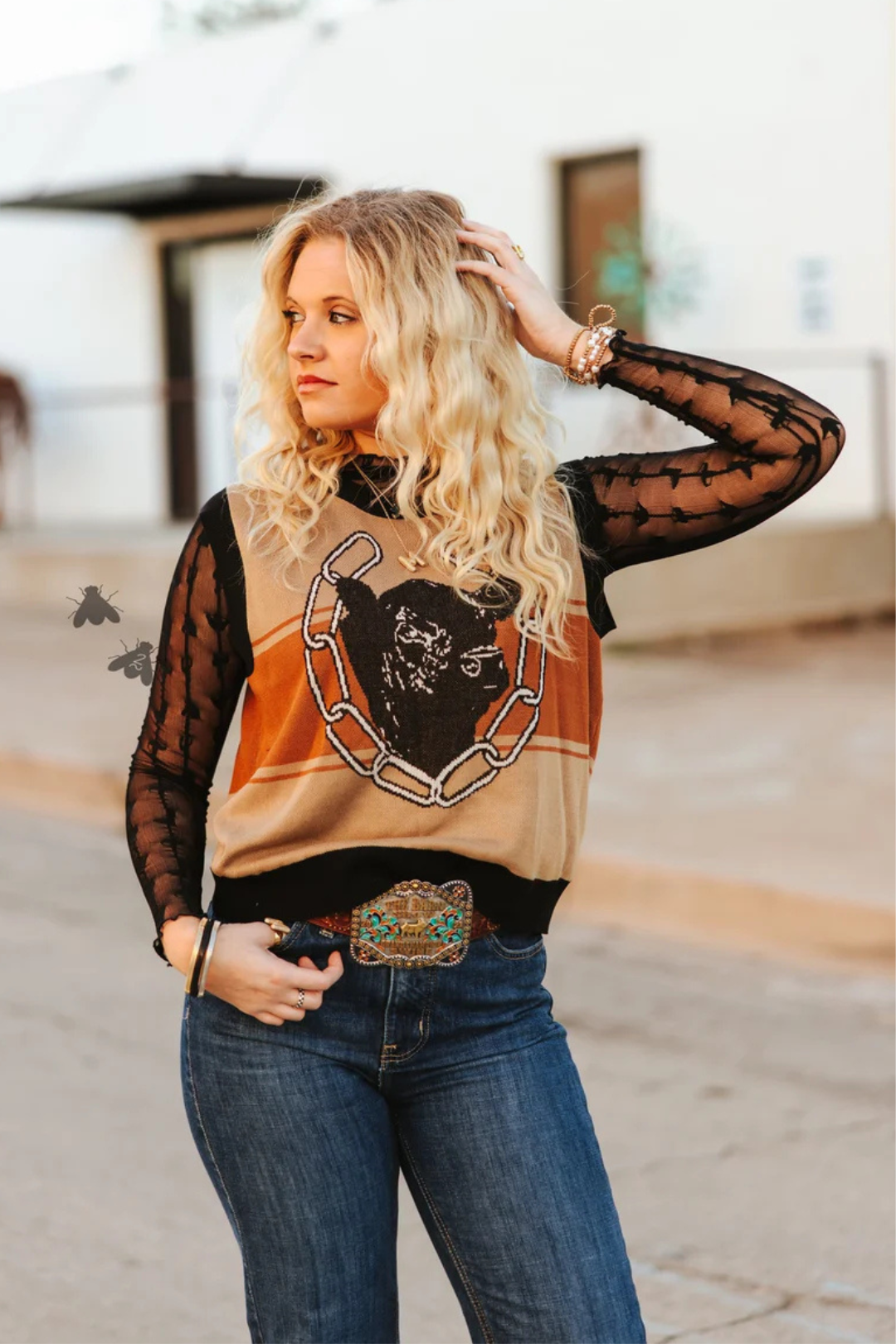 Lariat Lace Long Sleeve Mesh Top