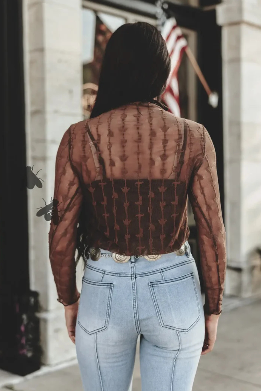 Lariat Lace Long Sleeve Mesh Top