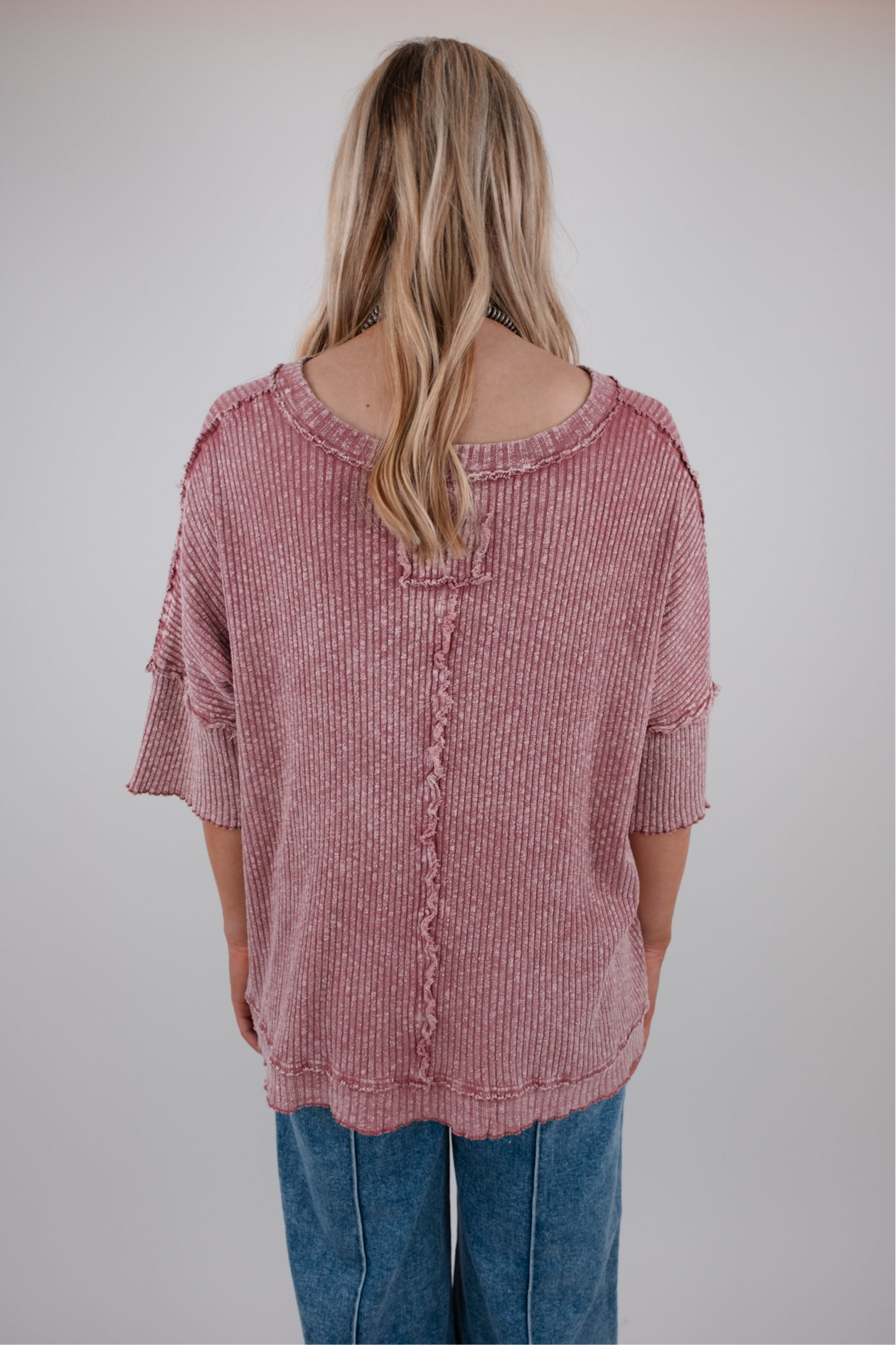Ripped Stitch V-Neck Top - Rose