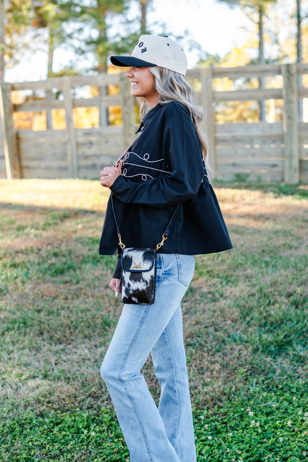 Shell Phone Crossbody in Black & White Cowhide
