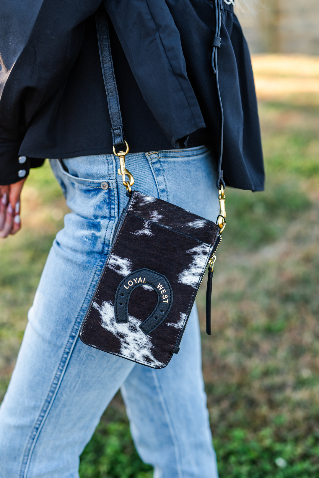 Shell Phone Crossbody in Black & White Cowhide