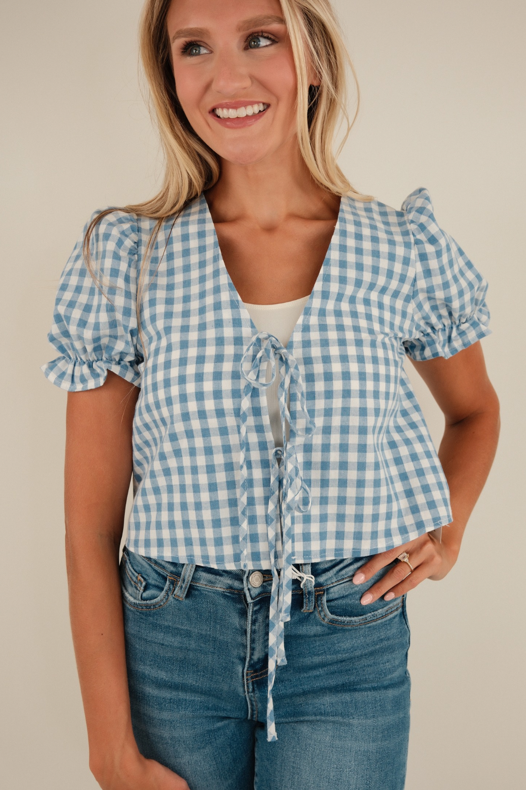 Country Plaid Tie-Front Top