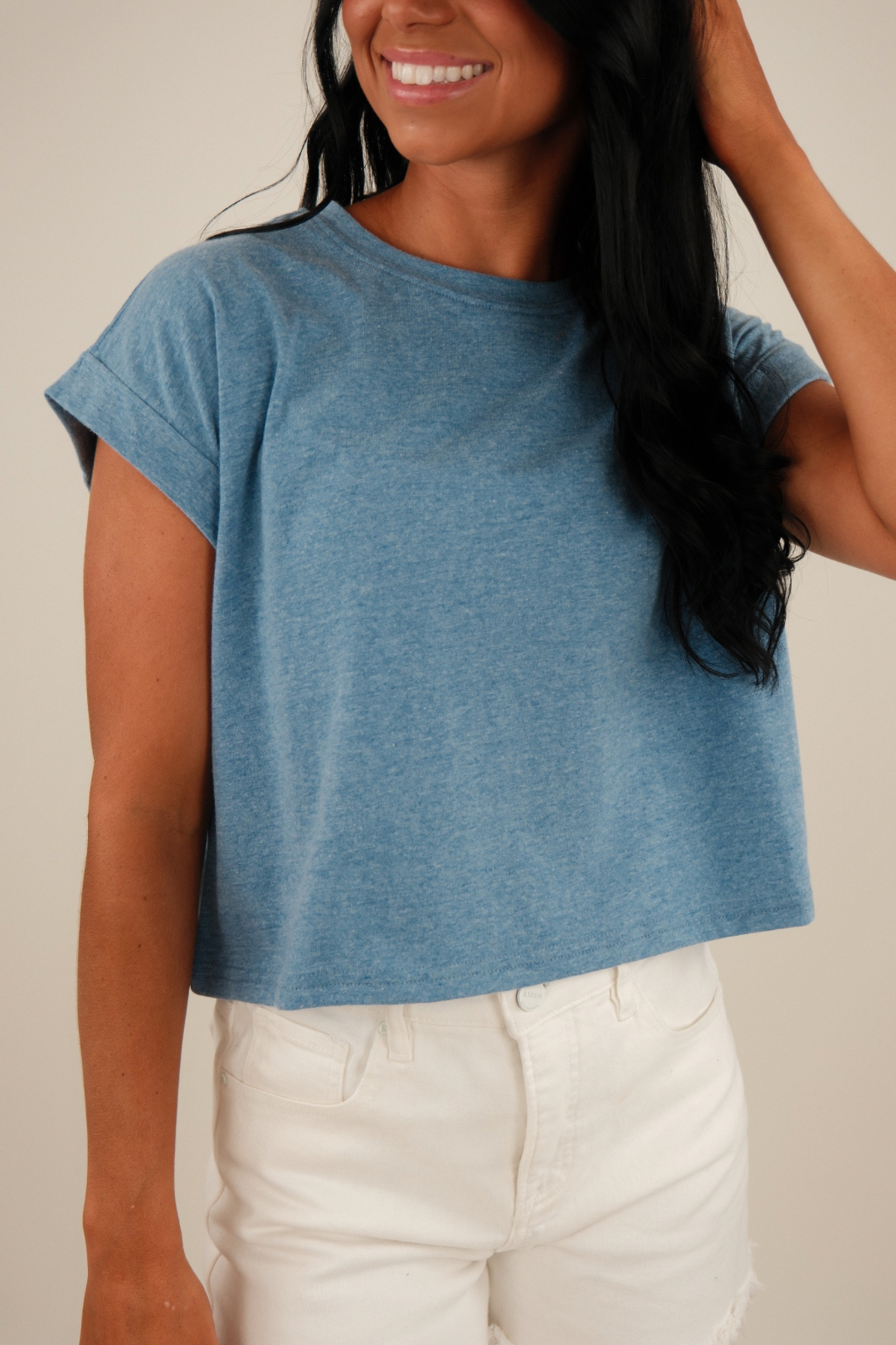 Simply Cropped Basic Tee – Heather Blue
