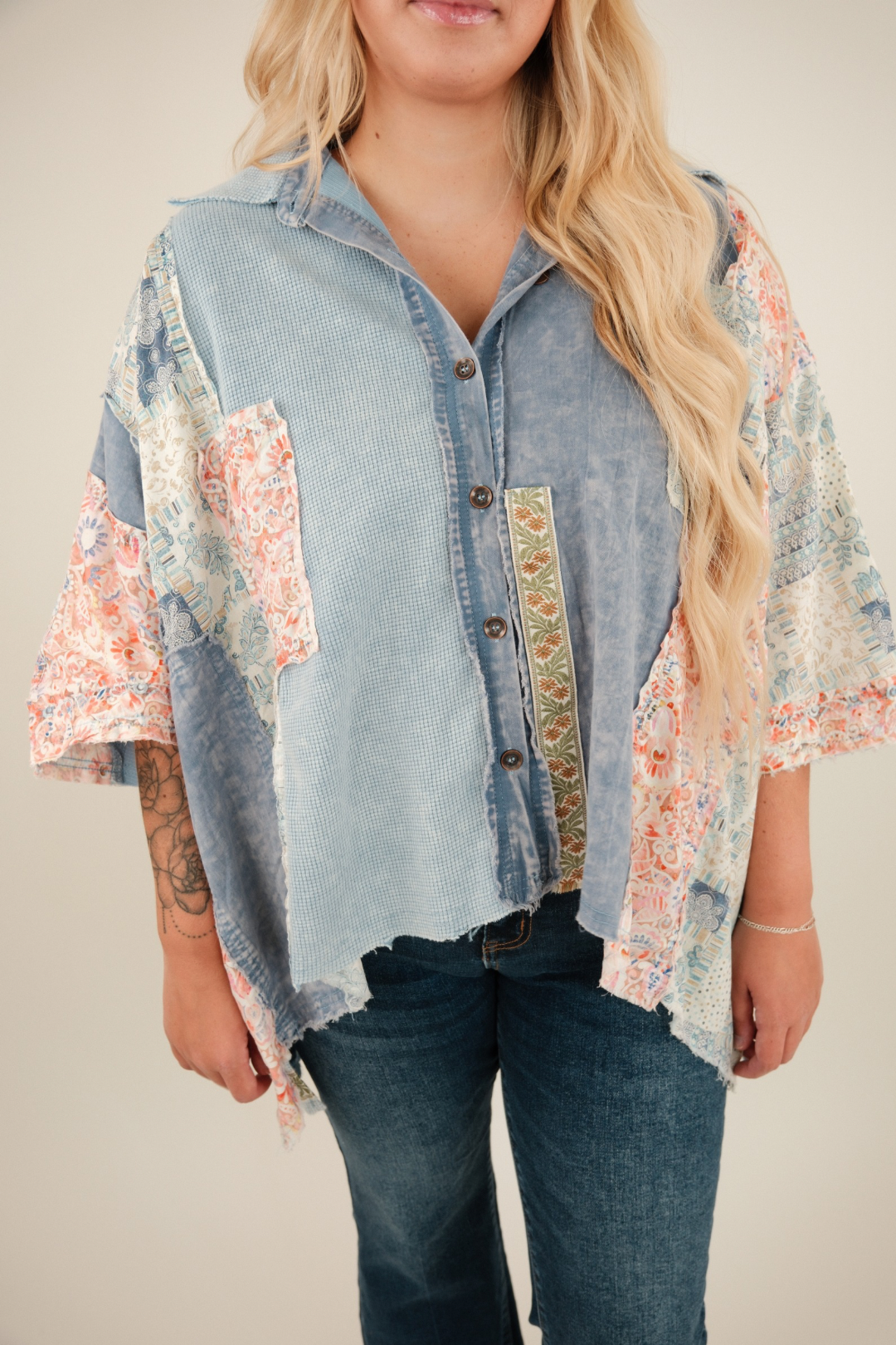 Desert Winds Patchwork Blouse - Denim Blue