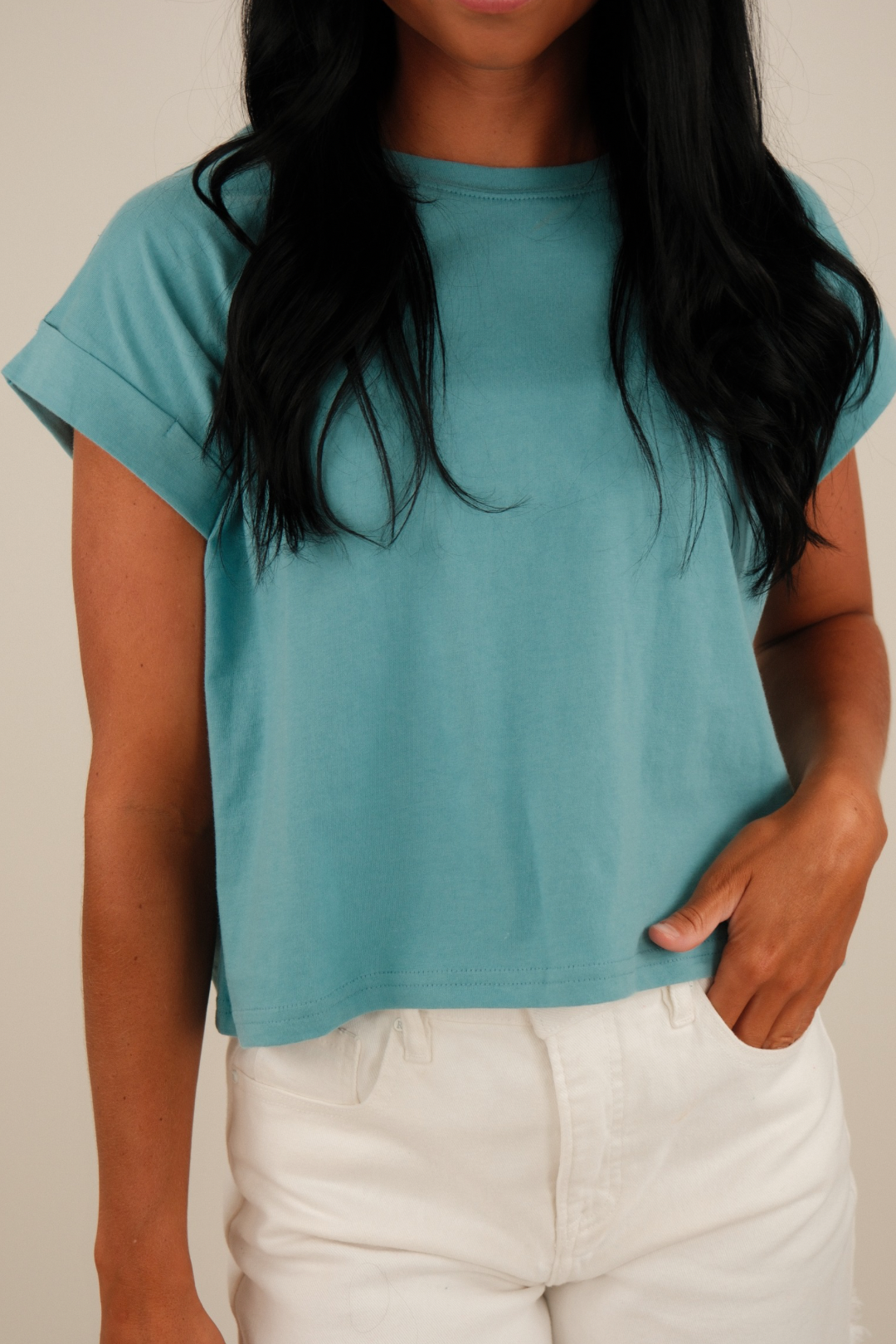 Simply Cropped Basic Tee – Dusty Teal