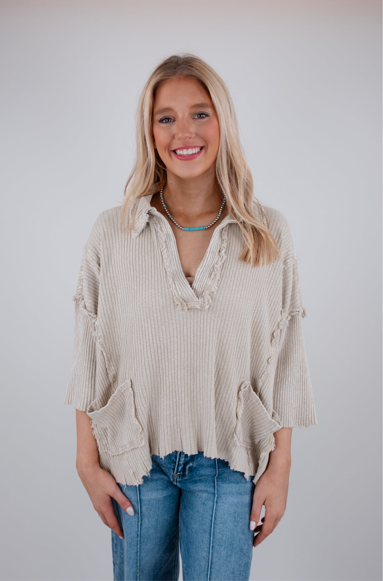 Saddle Stitch Ripped Top - Khaki
