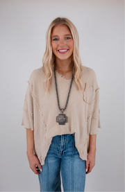 Ripped Stitch V-Neck Top - Cream