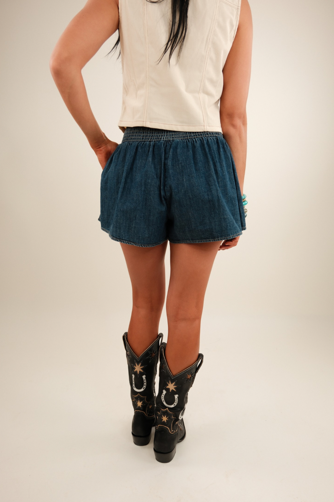 Backroads Smocked Denim Shorts