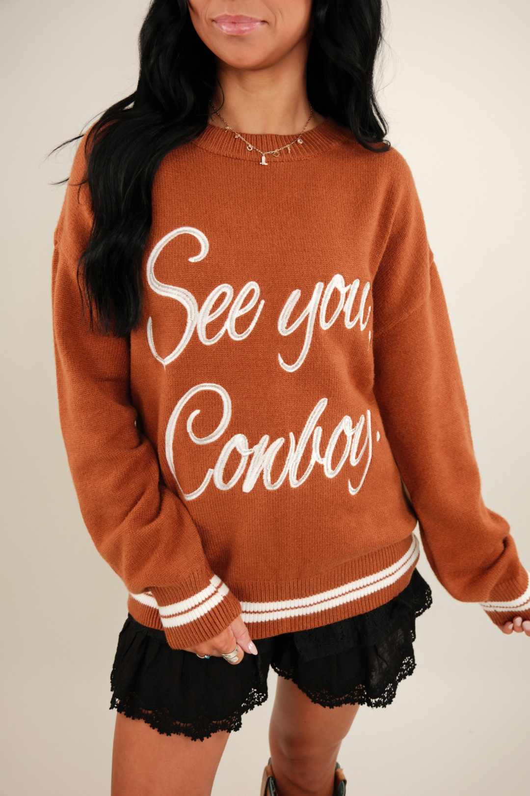 See You Cowboy Embroidered Sweater - Camel