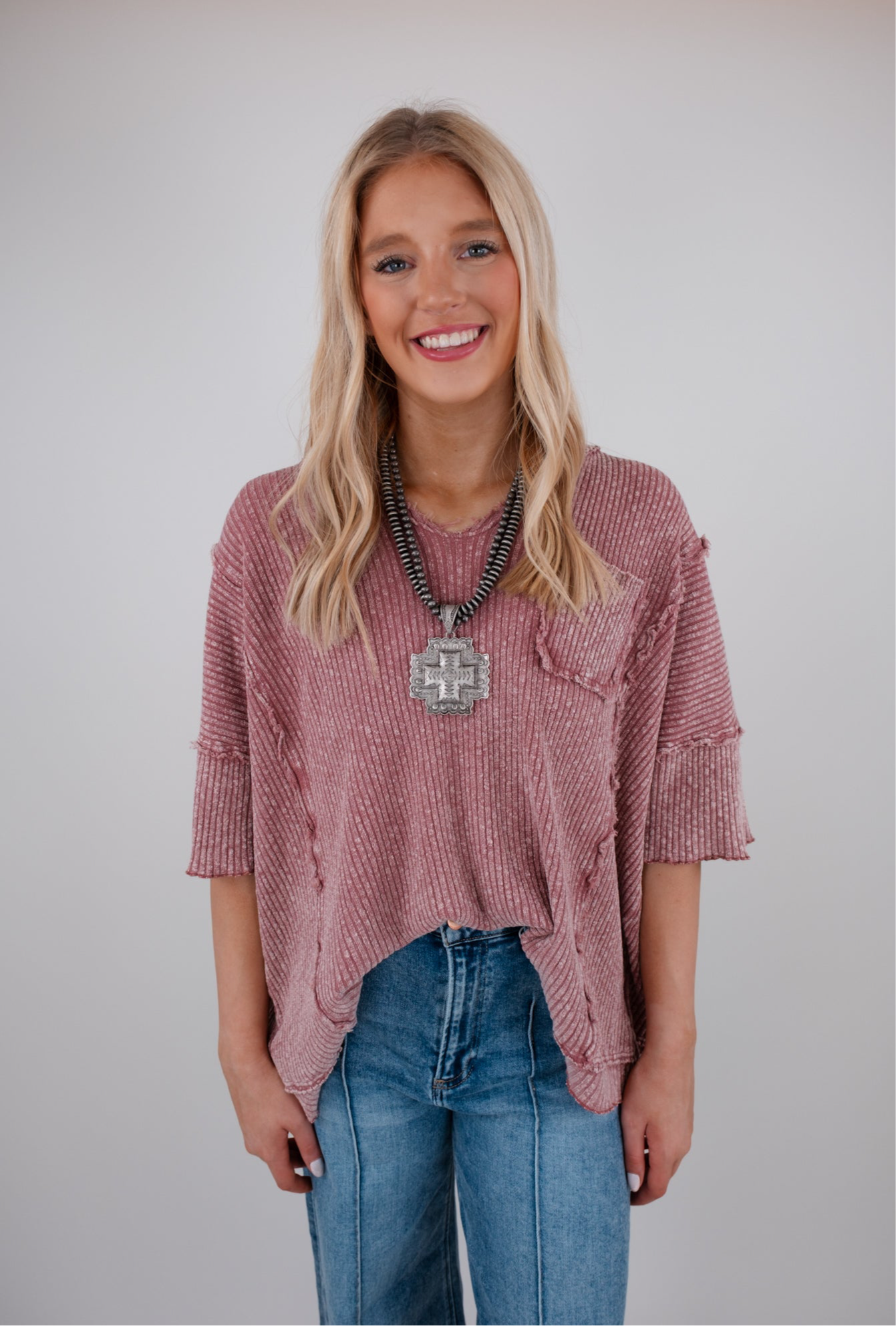 Ripped Stitch V-Neck Top - Rose
