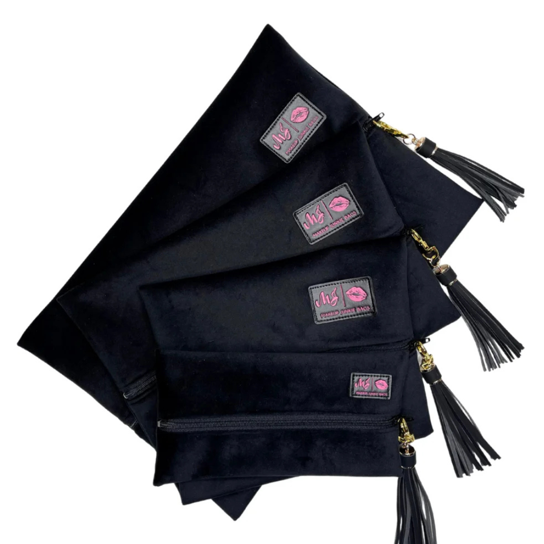 Set of Audrey Hepburn Makeup Junkie travel bags in small, medium, and large sizes, arranged side by side to highlight size differences.