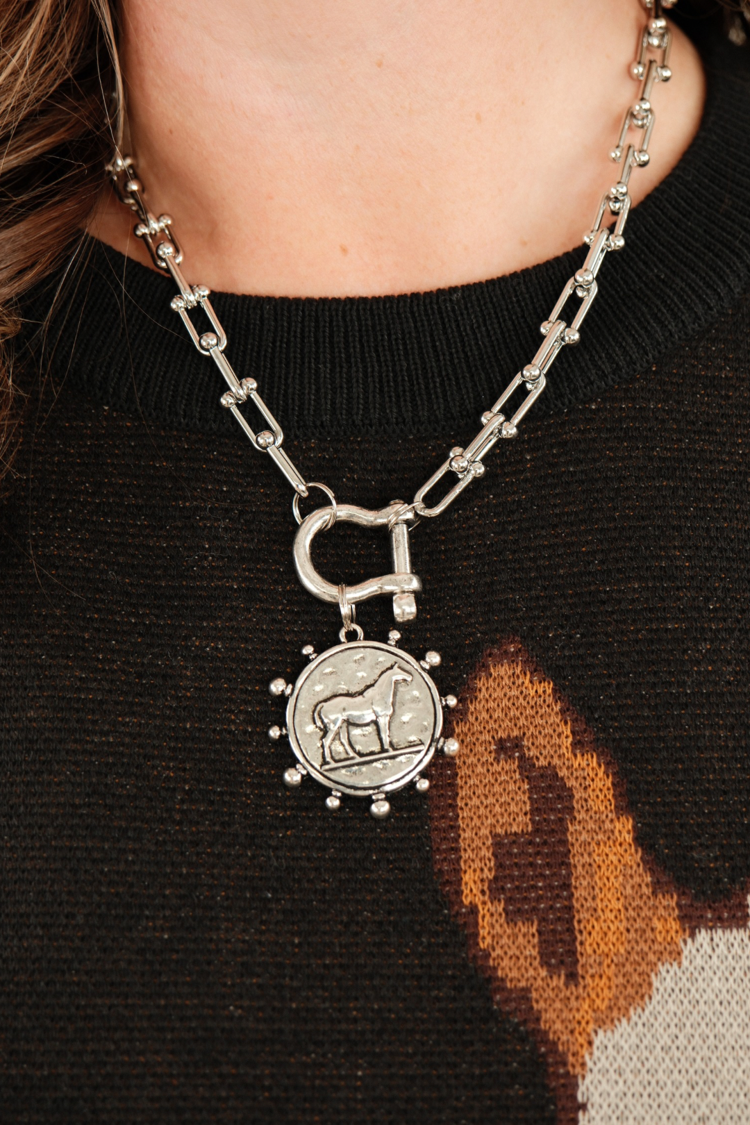 Bridle Path Pendant Necklace in silver, stirrup-style chain with horse pendant — elegant cowgirl jewelry with timeless western charm.