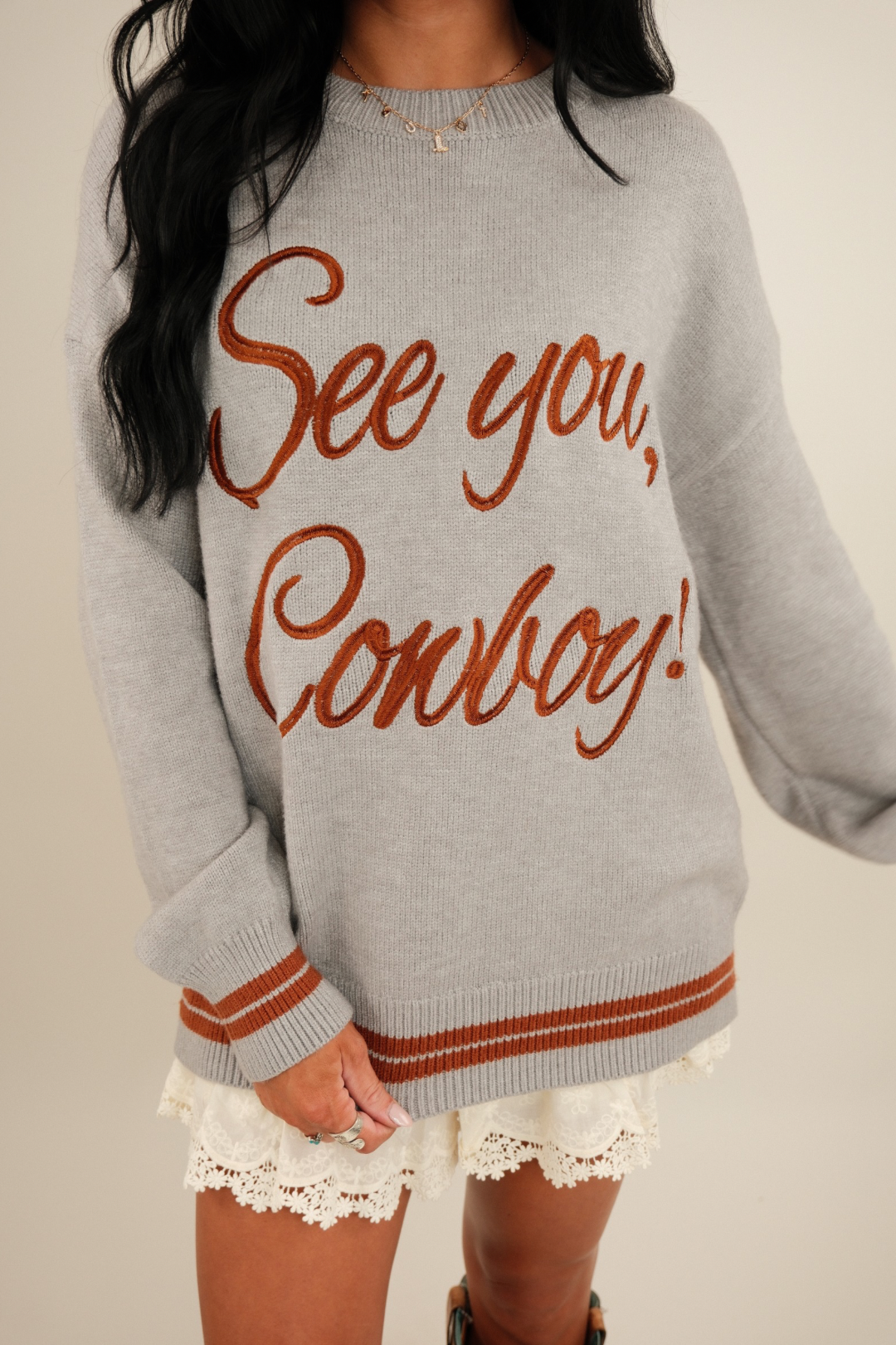 See You Cowboy Embroidered Sweater - Grey