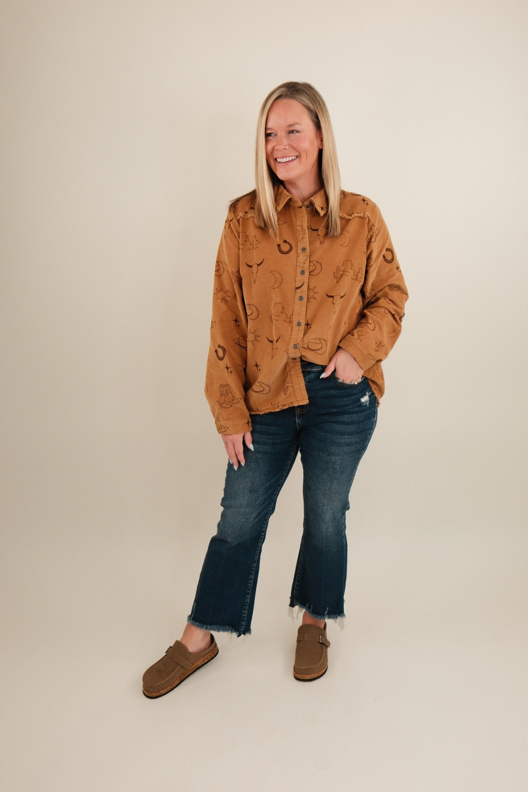 Front profile of camel Canyon Creek Corduroy Shirt showing long sleeves, corduroy fabric and cowgirl western style.