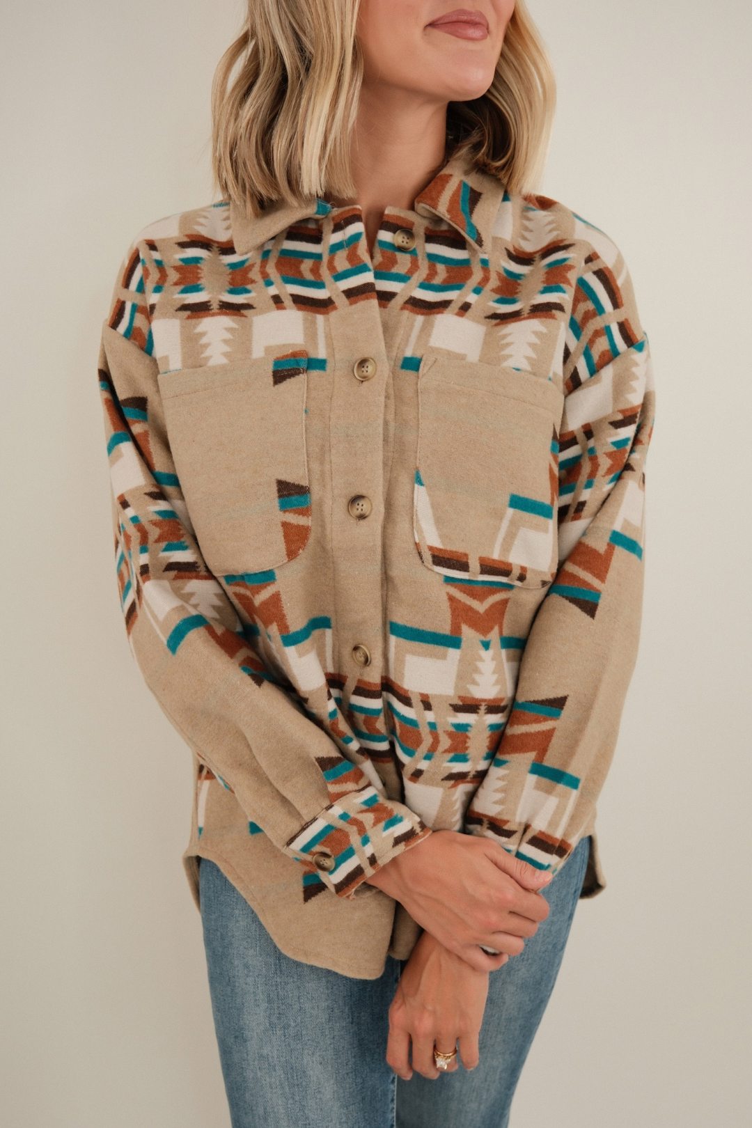 Front view of Canyon Crossroads Tunic Jacket, longline western shacket with chest pockets, button-down front and relaxed cowgirl fit.