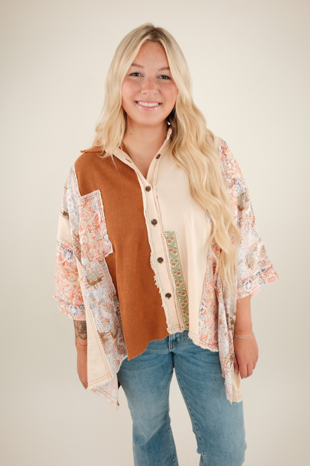 Desert Winds Patchwork Blouse - Mocha