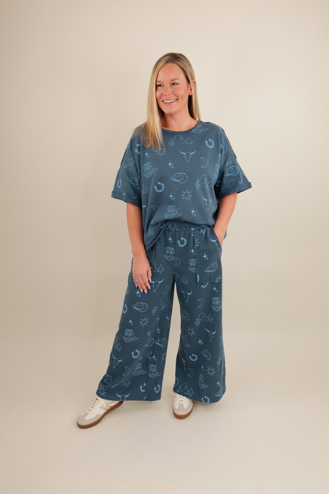 Desert Horizon Set with soft blue and washed denim tones — pullover top and wide-leg pants.