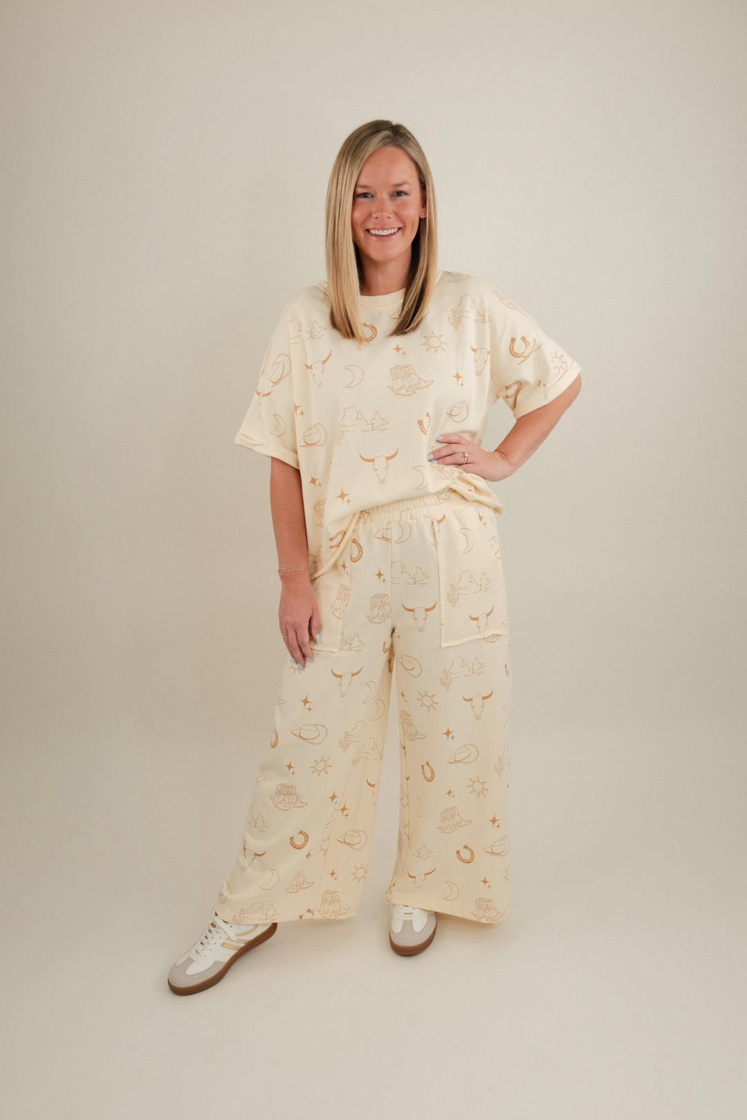 Color-block Desert Horizon Set with cream and tan tones — pullover top and wide-leg pants.