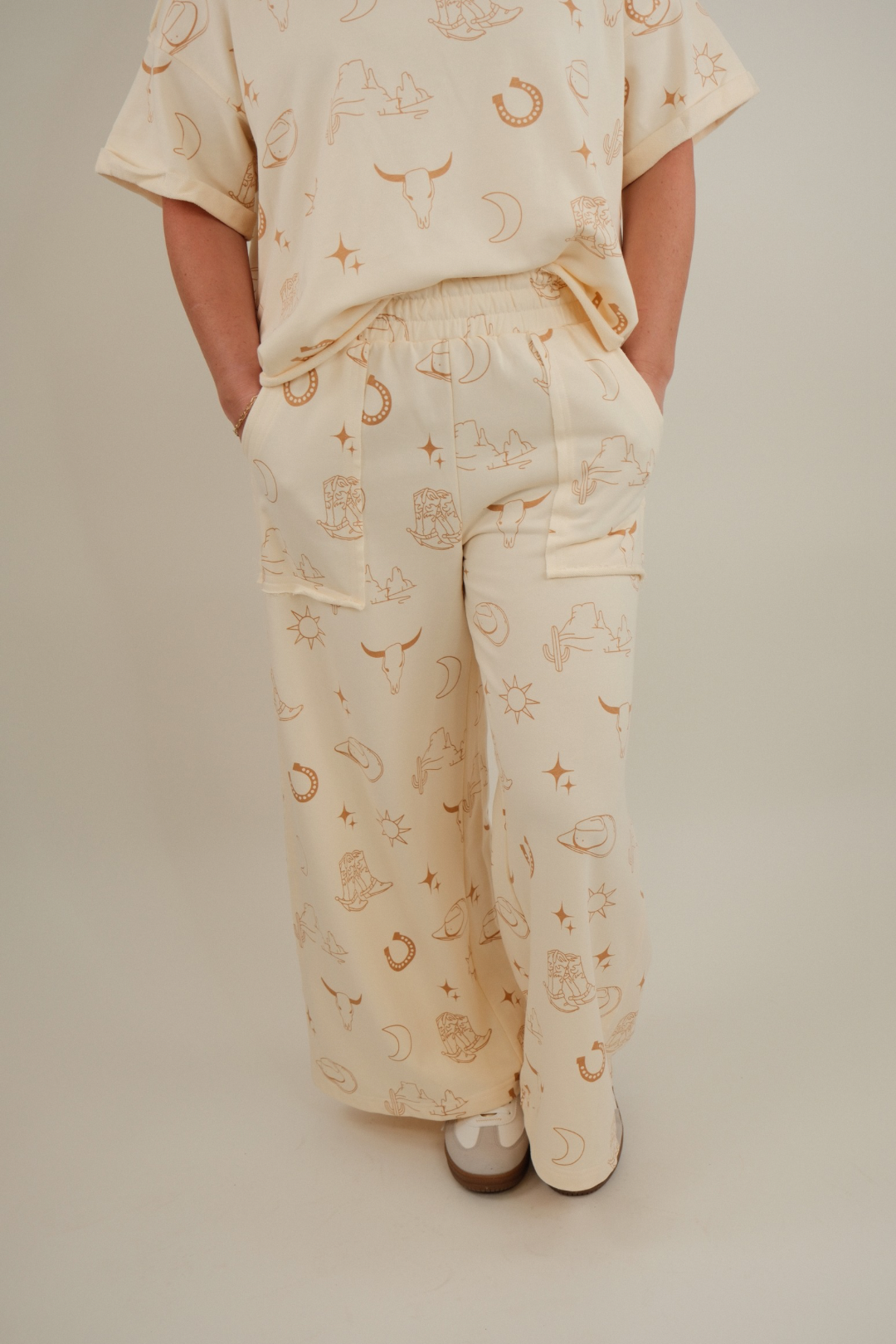 Casual Desert Horizon Set, knit pullover and drawstring wide-leg pants in cream.
