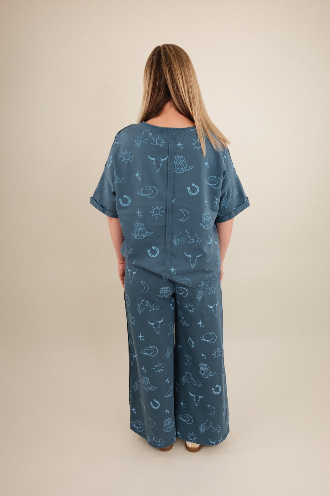 Relaxed Desert Horizon Set featuring cozy pullover top and wide-leg pants in denim for everyday western comfort.