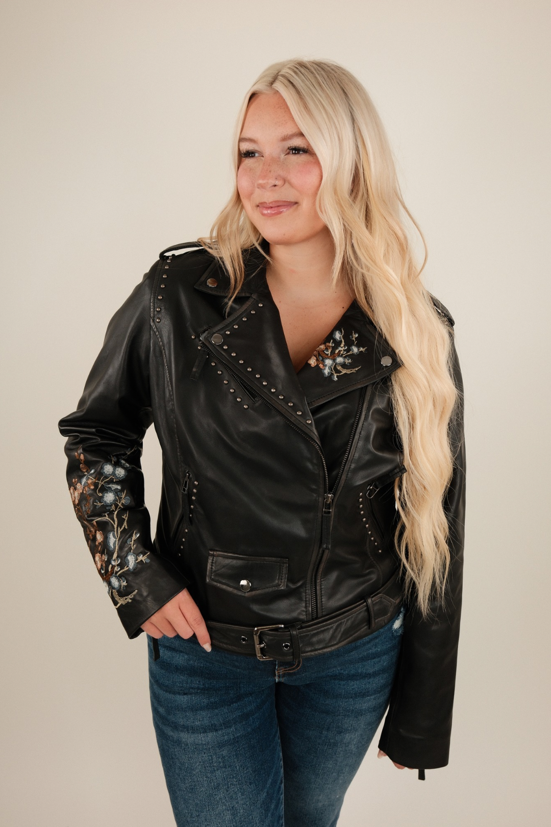 Western Baddie Embroidered Motorcycle Leather Jacket