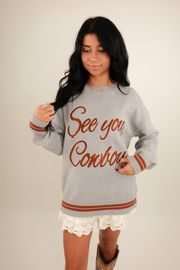 See You Cowboy Embroidered Sweater - Grey
