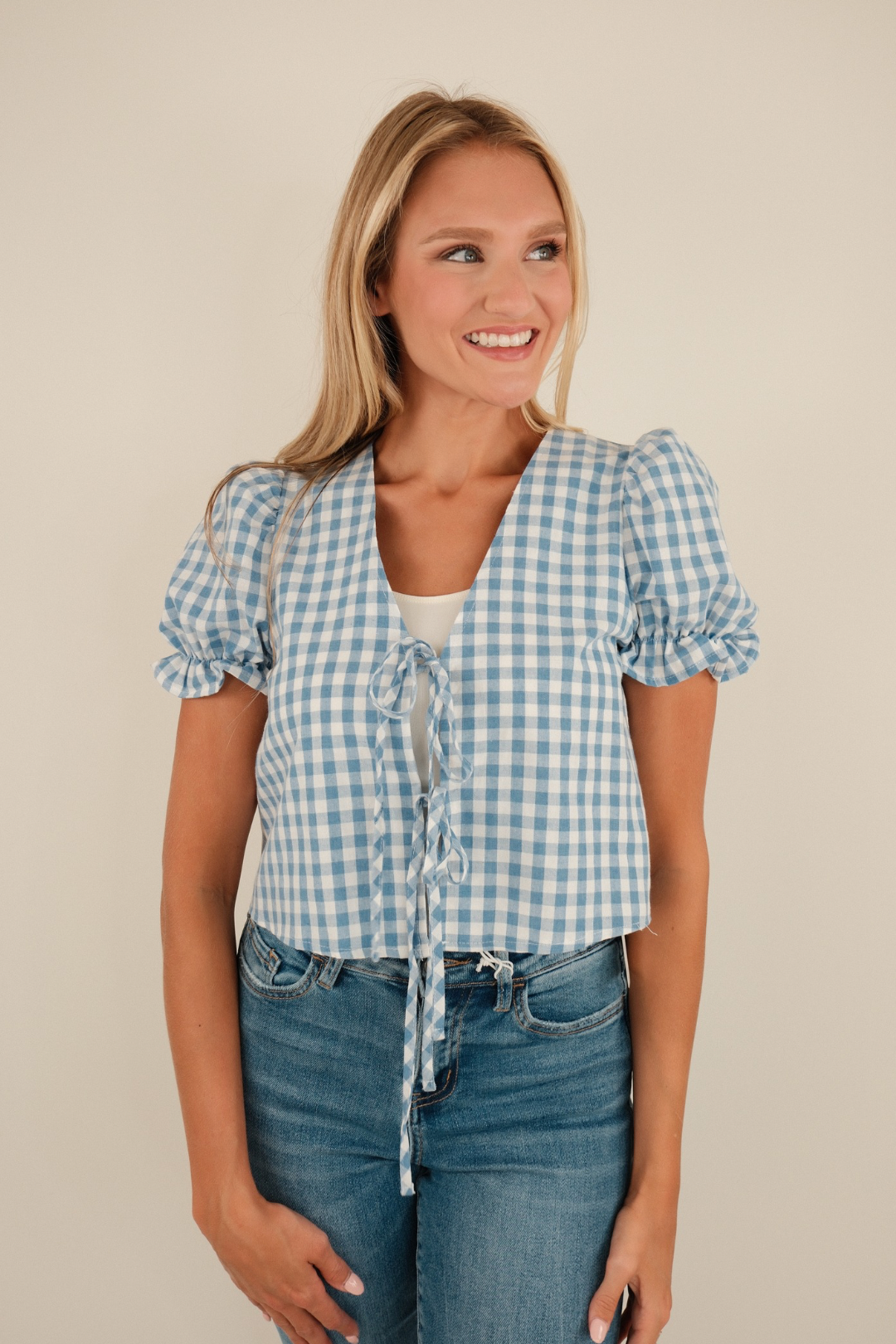 Country Plaid Tie-Front Top