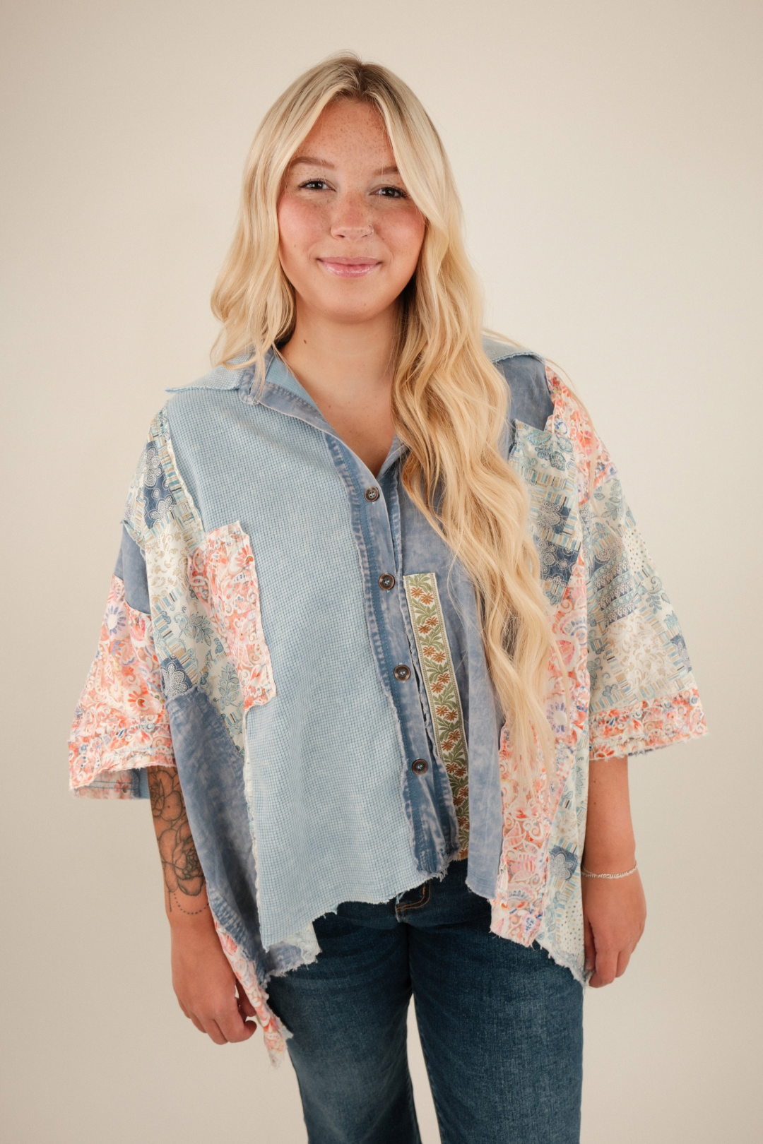 Desert Winds Patchwork Blouse - Denim Blue