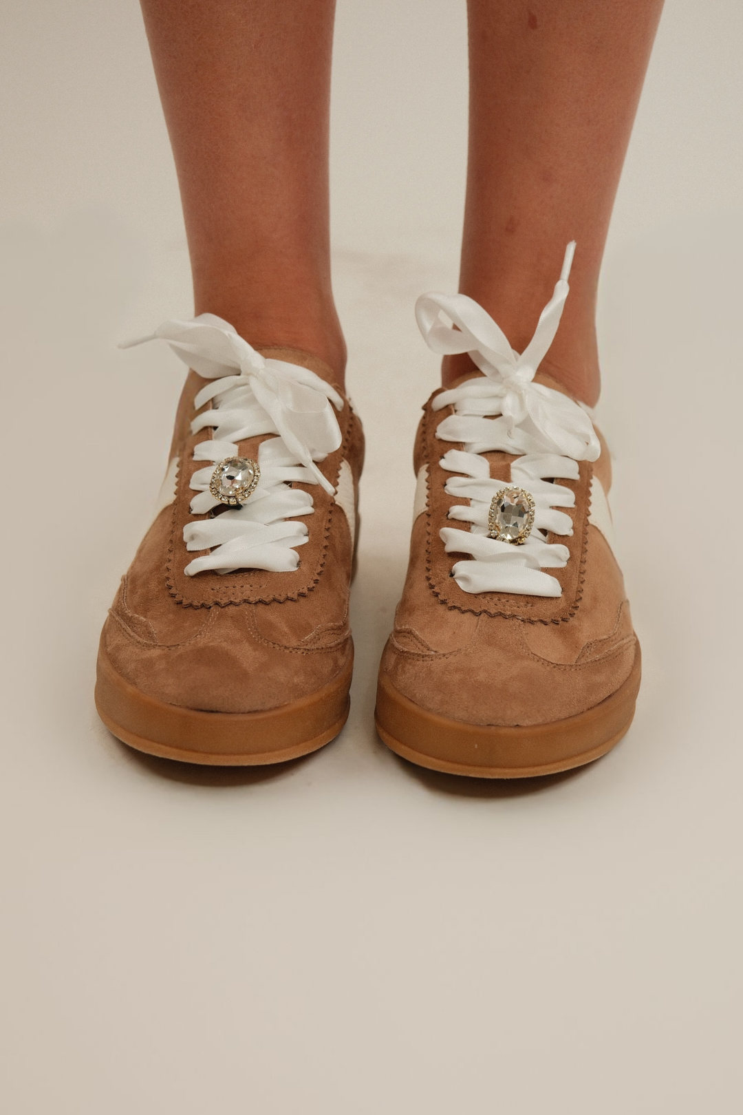 Brown-toe & cream-detail Gemstone Rodeo Sneakers with gum sole and gemstone lace charm (cowgirl-chic streetwear)