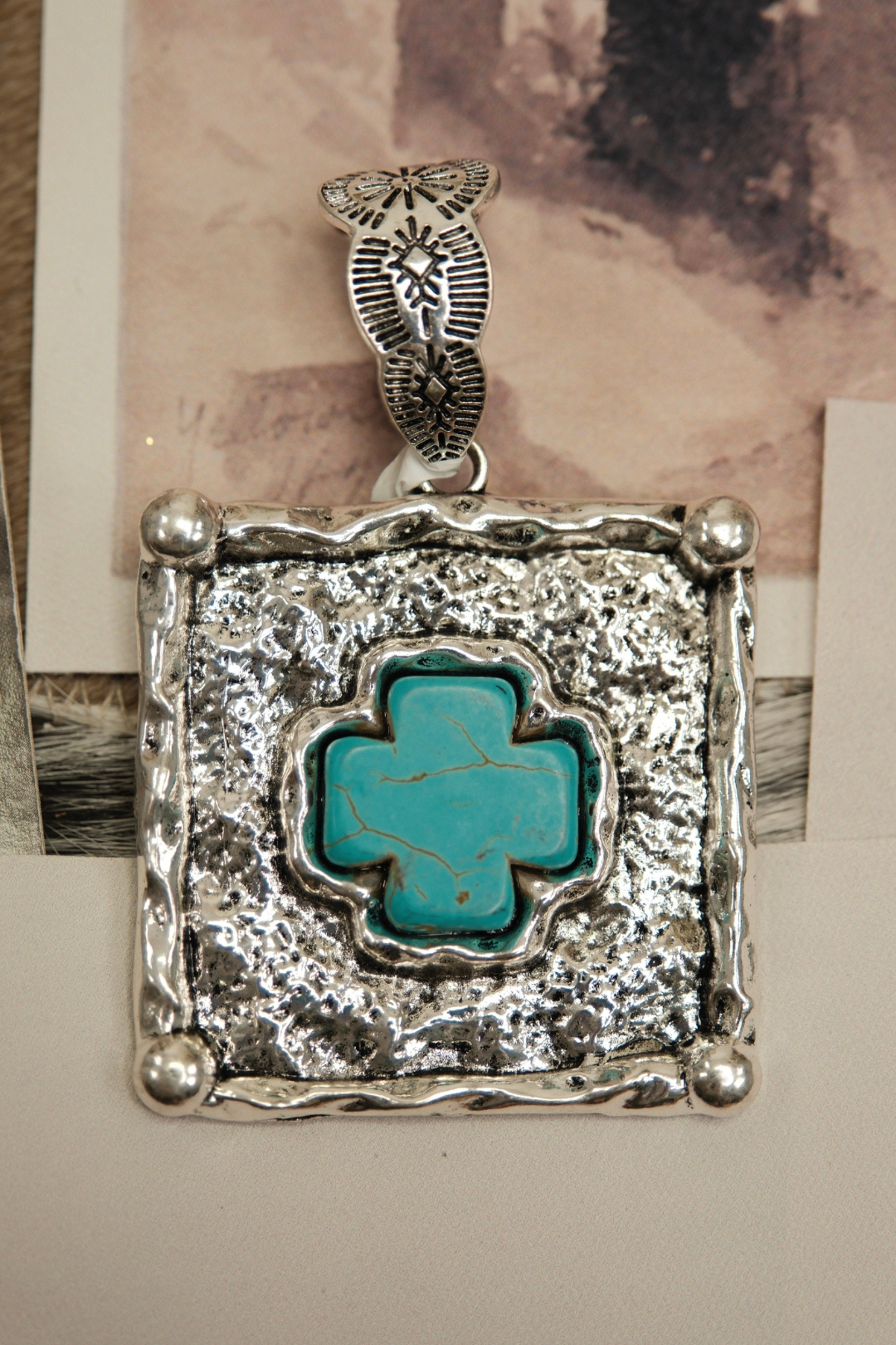 Rustic Western Square Turquoise Cross Pendant