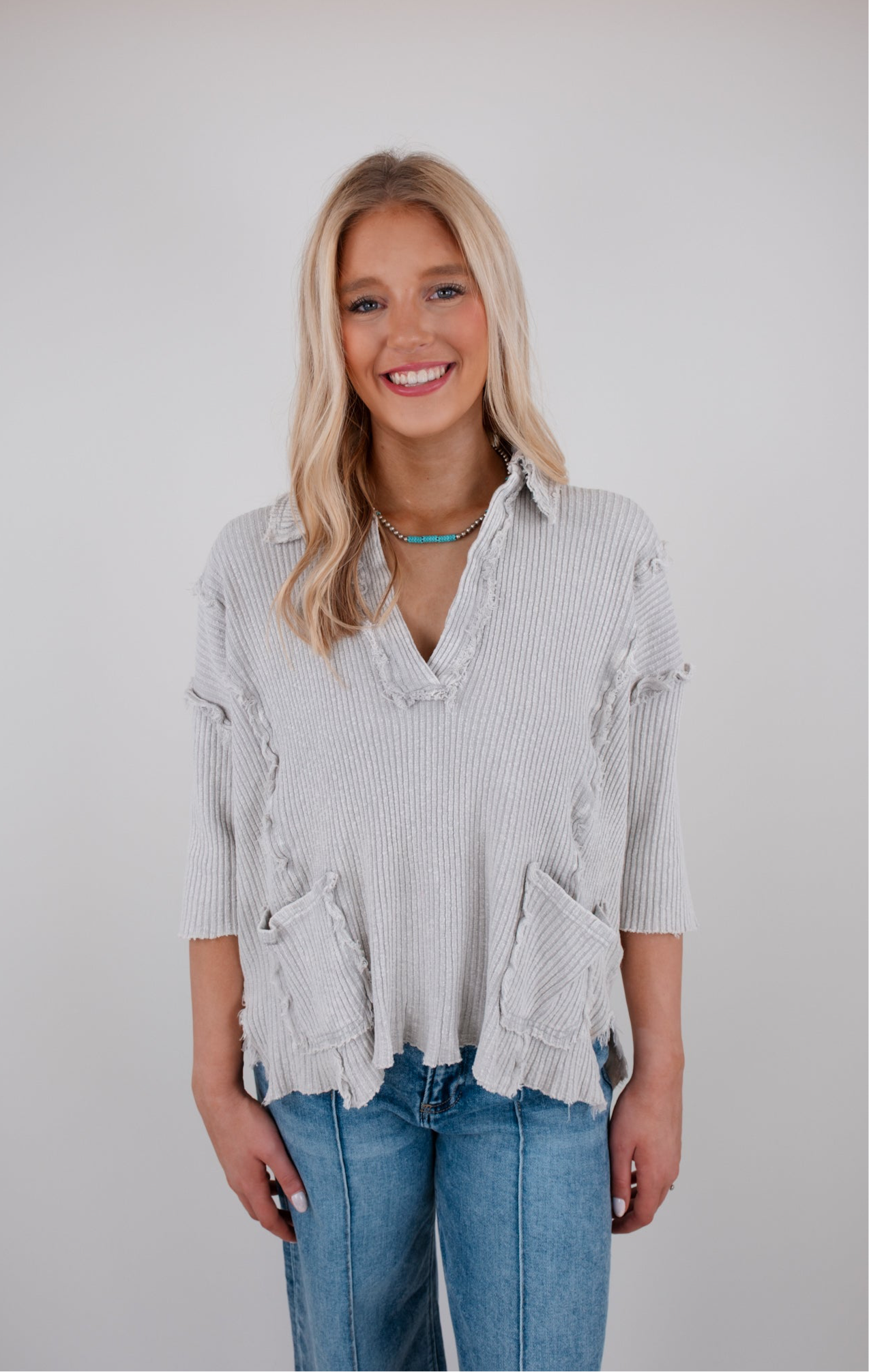Saddle Stitch Ripped Top - Gray