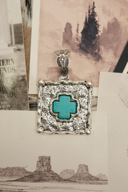 Rustic Western Square Turquoise Cross Pendant
