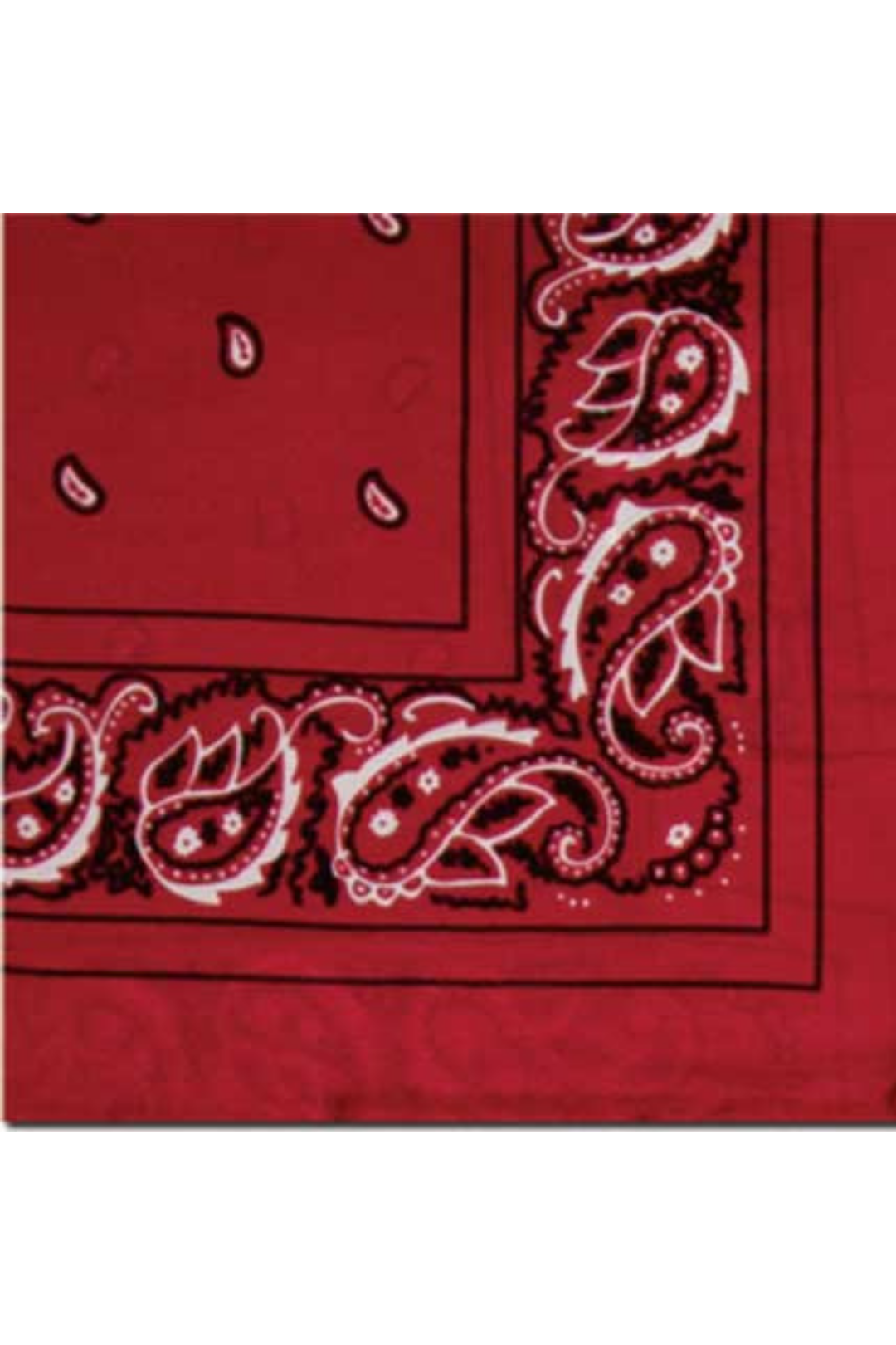 Red bandana with black paisley patterns on a white background