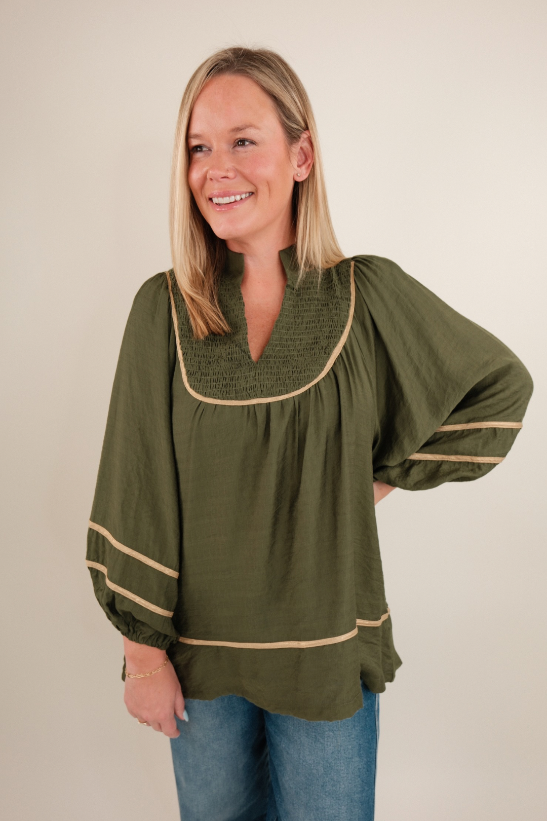 Rustic golden blouse with tonal embroidery, western flair, and soft drape (women’s Golden Mesa blouse)