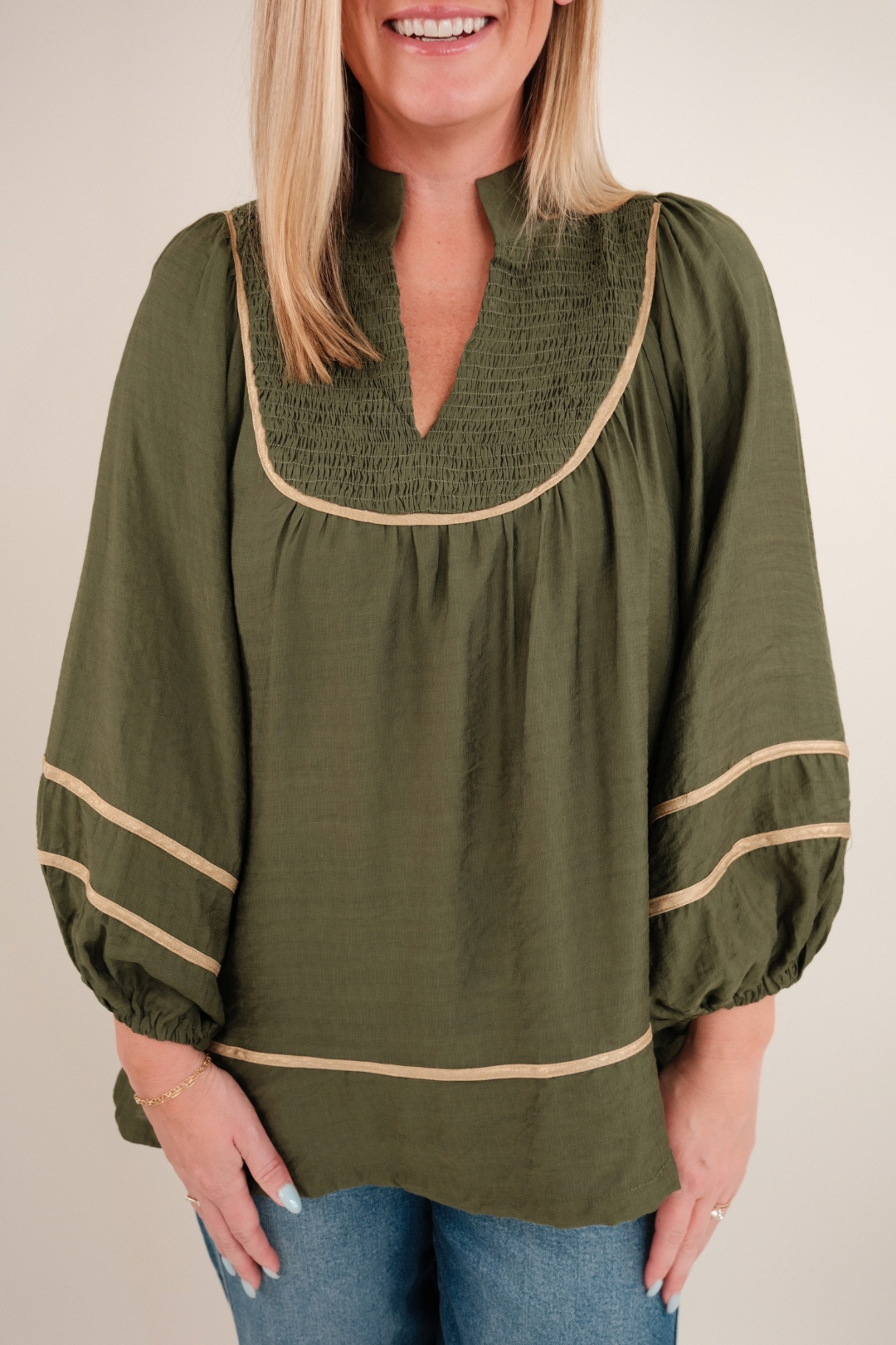 Front view of Golden Mesa Blouse, rustic golden top with tonal embroidery, v-neckline and western-inspired fit.