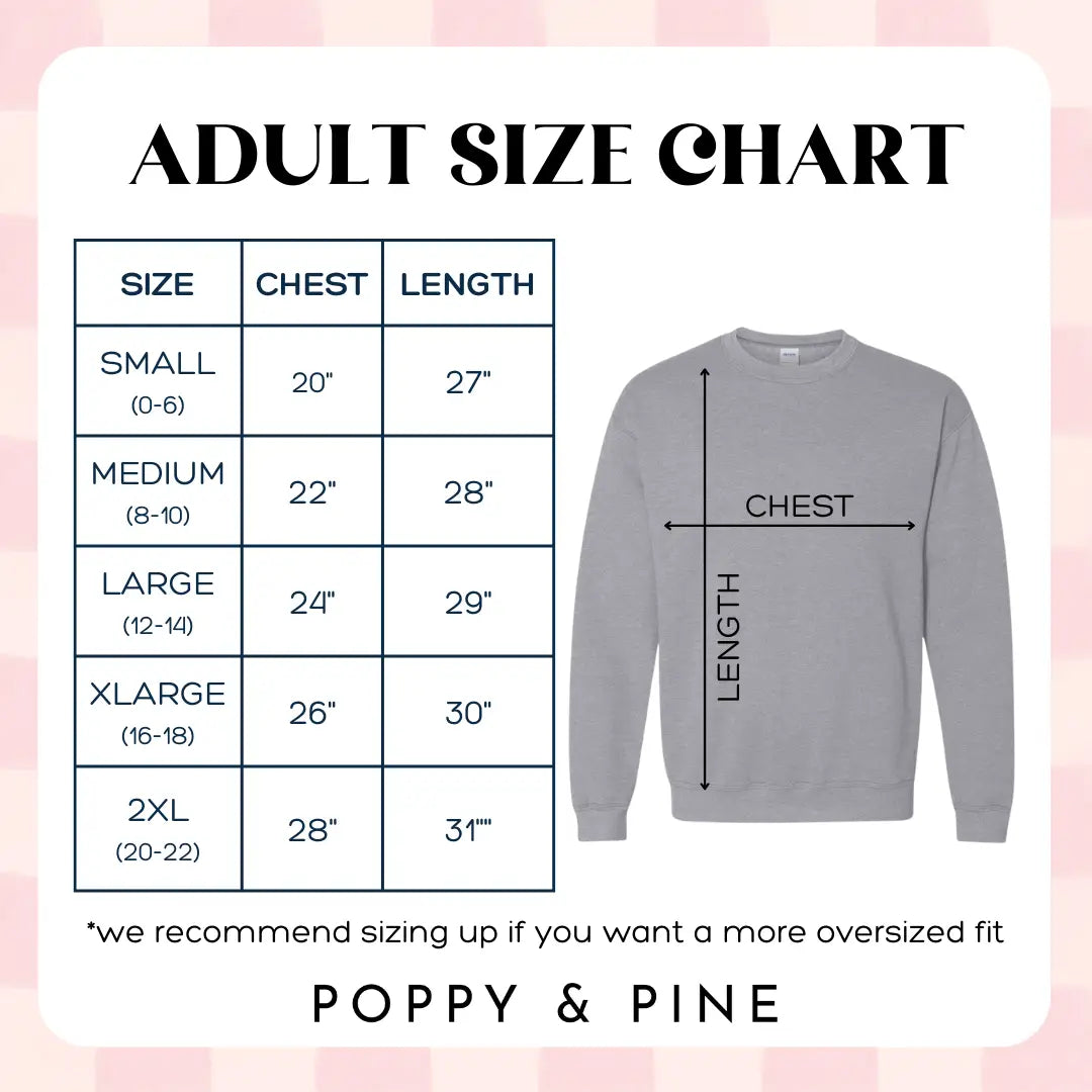 Adult size chart for a sweatshirt with measurements on a pink background, featuring the brand 'Poppy & Pine'.